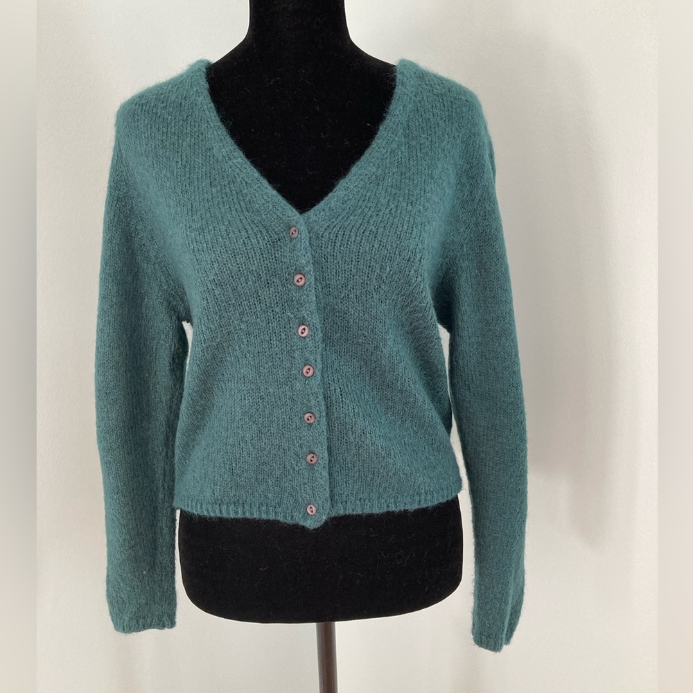 Express Tricot Vintage Cropped Cardigan V-Neck Mohair Blend Teal Size Small